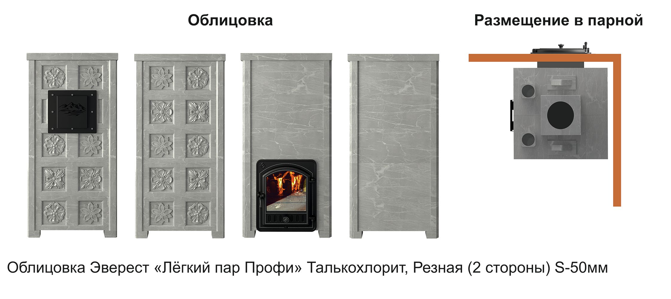 Печь для бани Эверест Легкий пар Профи в облицовке Талькохлорит Резная (2 стороны) S-50 мм — фото 6